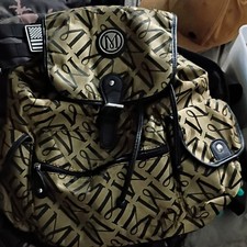 Beige Black Logo Print Drawstring Backpack w/ Zip Pocket, Buckle Strap