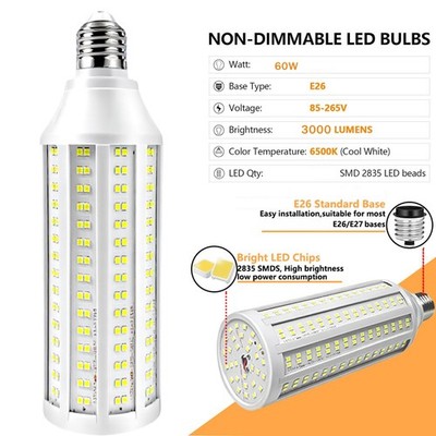 600W Equivalent LED Corn Light Bulb 3000 Lumen 6000K 60W Daylight White E26/E27