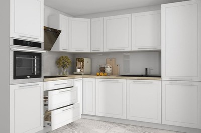 L-Form Küchenzeile KVANTUM 230x270cm Fronten MDF weiß matt REJS Vollauszug