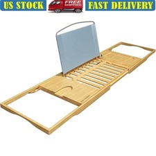 Adjustable Bamboo Bathtub Tray Caddy W/ Wine Glass Holder  Phone Slot New