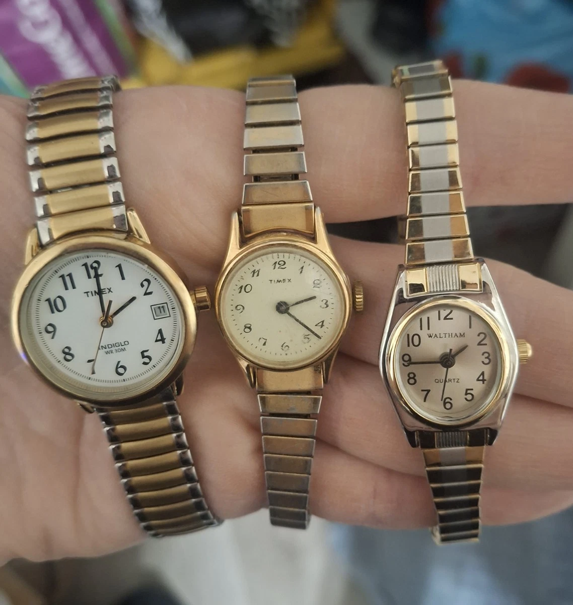Lot of 3 Timex & Waltham Gold Tone Stretch Band Watches WR 30M/70 CR1218