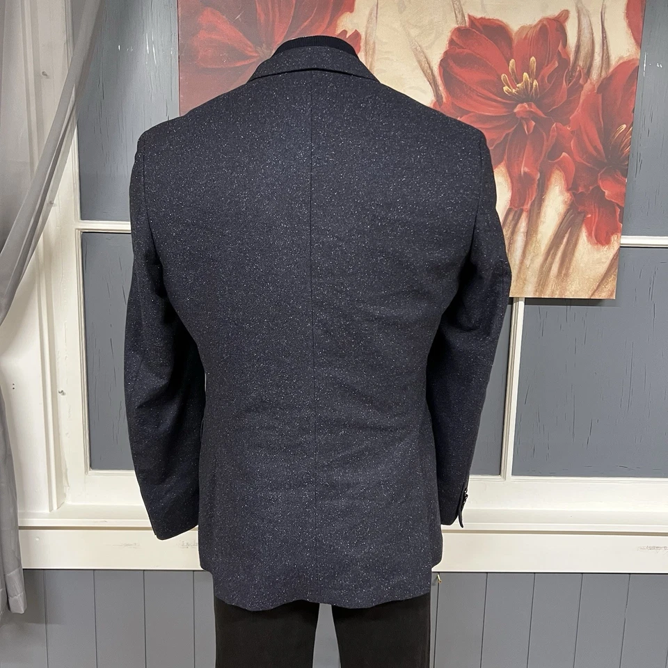 Hugo Boss Bib Insert Blazer 男式 42R 修身羊毛尼龙丝绸法兰绒斑点海军蓝 — 第 3/4 张图片
