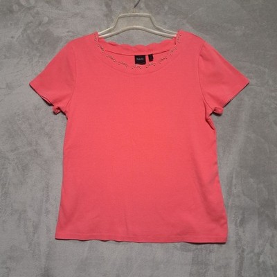 Rafaella Large Womens Coral Cotton Short Sleeve Embellished Top Scalloped Neck