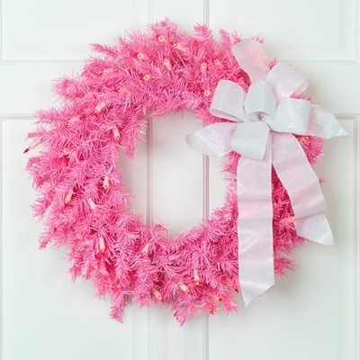 Northlight 24-Inch Pre-Lit Pink Spruce Artificial Christmas Wreath, Pink Lights