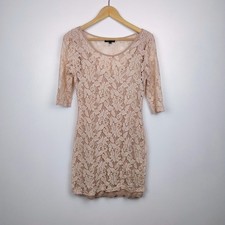 Warehouse Blush Pink Floral Lace Dress UK 10 Bodycon 3/4 Sleeve Wedding Guest