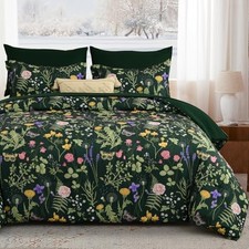 Queen Comforter Set 7 Piece, Dark Green Floral Bedding Set, Bed in a Bag