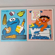 Vintage Playskool 1973 Wooden Puzzles Sesame Street Cookie Monster Ernie Lot 2