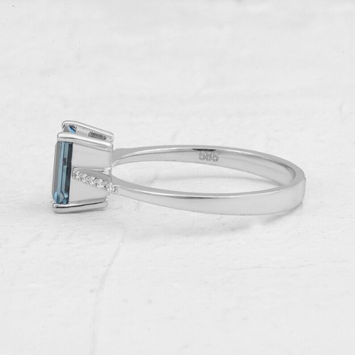14k White Gold Natural London Blue Topaz and Diamonds Solitaire Engagement Ring - Picture 3 of 7