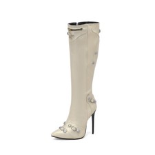 Botas hasta la rodilla de cuero sintético con remaches para mujer Tacones de aguja Zapatos con cremallera Occidente OL