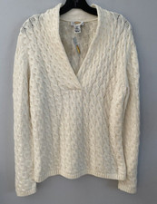 Talbots Cable Knit Pullover Sweater Cotton Blend V-Neck Ivory Size M Petite NWT