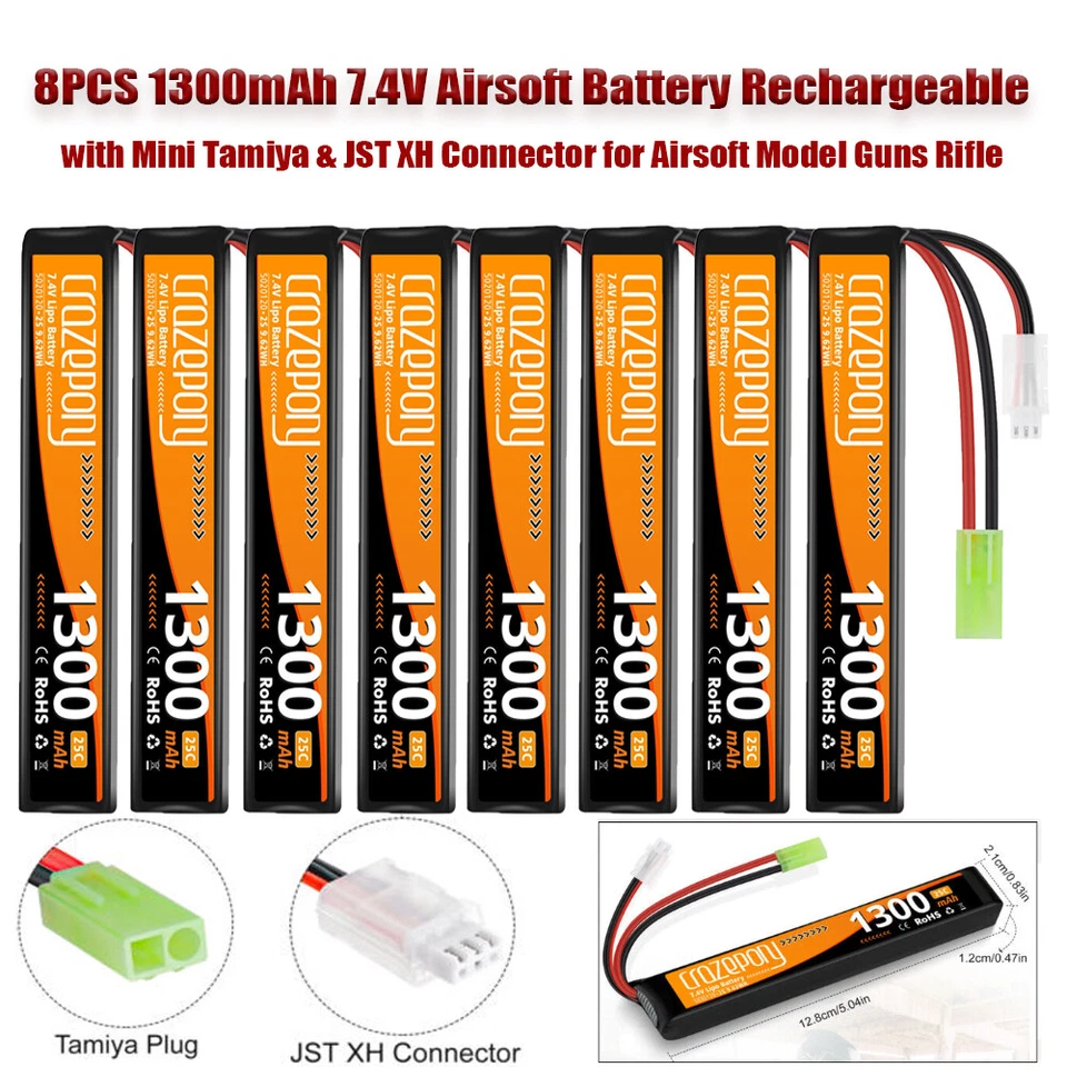 Crazepony7.4V Rechargeable 2S LiPo 1300mAh Airsoft Battery 25C Stick Battery US - Image 2 of 4