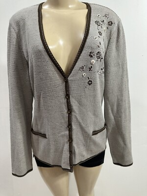 ESCADA Women's Brown/Ivory Floral Embroidered Button Up Cardigan Sweater  40