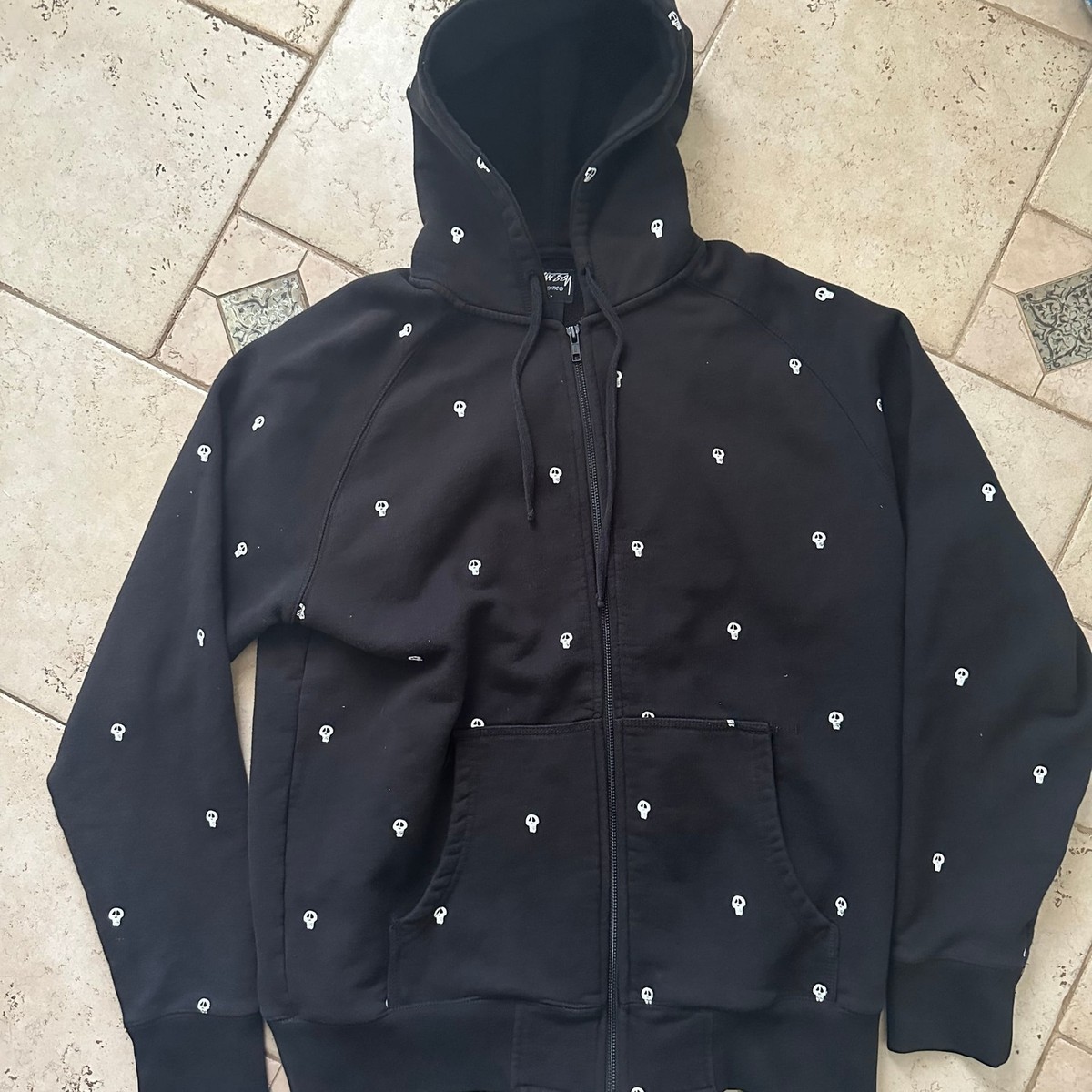 VTG y2k Stussy men's black AOP skull zip hoodie size L | eBay