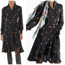 Cabi Dress M Divine Floral True Wrap Smocked Puff Sleeve Ruffle Knee Length