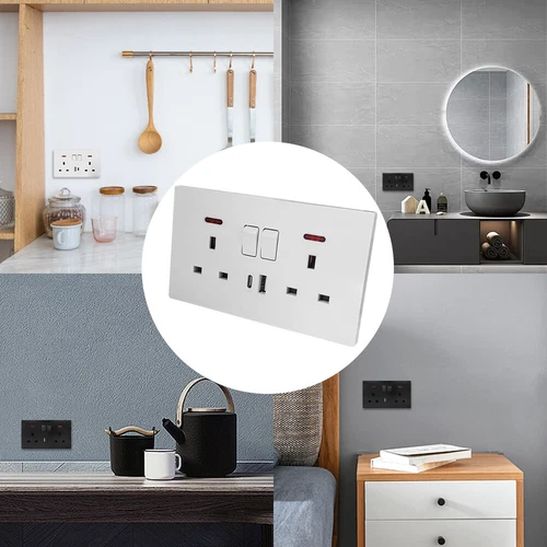 11/25W Double Wall Plug Socket 2 Gang 13A with USB Type C Outlets Flat Plate - Bild 8 von 15