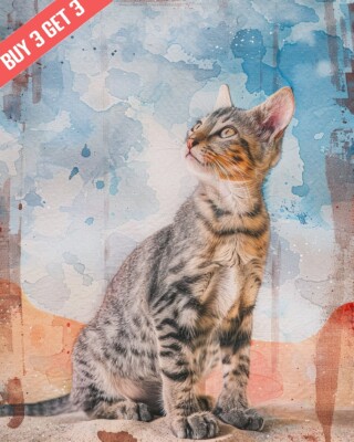 Arabian Mau Cat with a Desert Cat Watercolor Painting Print 8x10