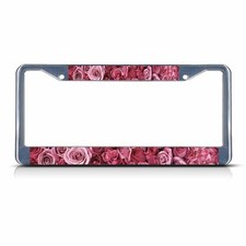 Pink Rose Flowers Chrome Metal License Plate Frame Tag Holder