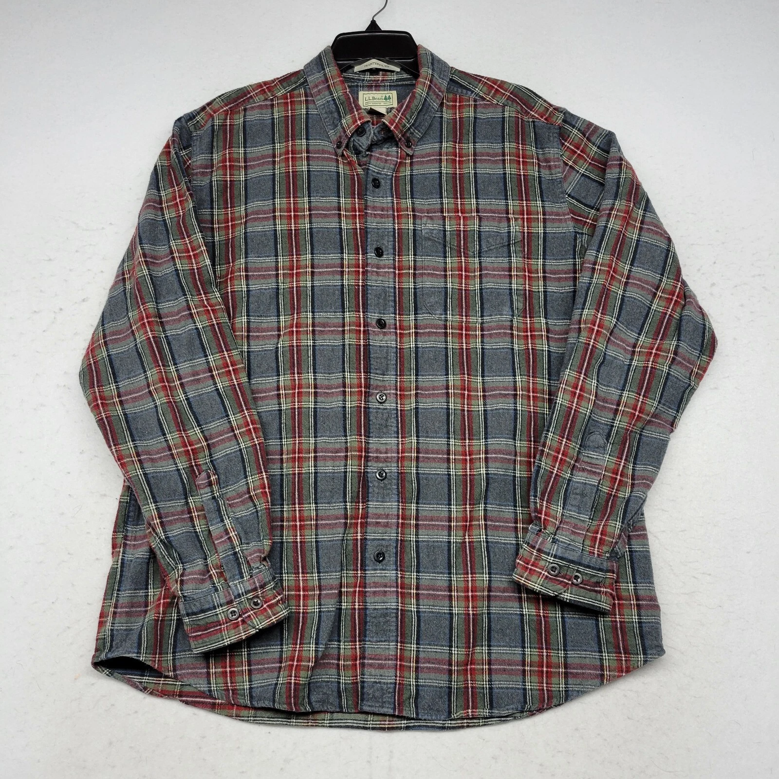LL Bean Shirt Mens Large Gray Red Plaid Flannel Button Up Outdoor Hiking