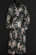 RARE FRENCH VINTAGE 1940'S WWII ERA VIVID BLACK FLORAL FLANNEL COTTON ROBE EX LG