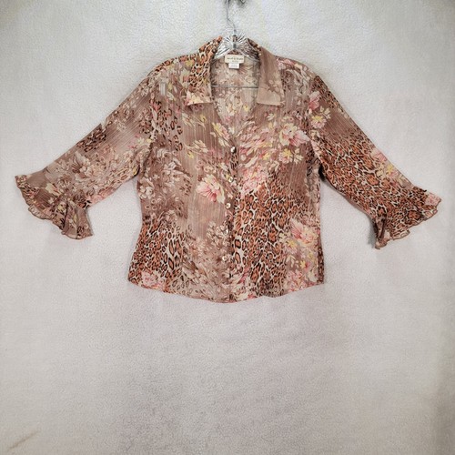 Y2K Sarah B Studio Womens Top Size MP Brown Floral Leopard Sheer Ruffle Retro - Picture 2 of 17