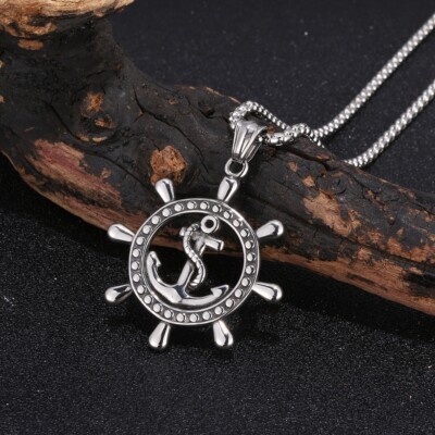 Men Nautical Ship Wheel Anchor Pendant Necklace Punk Biker Jewelry Box  Chain 24