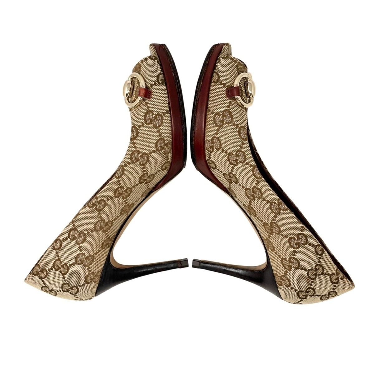 GUCCI Vintage GG Monogram Logo Sandals Heels #36.5 Beige Red