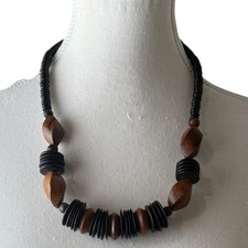 Boho Tribal Wooden Bead Necklace Brown Black Magnetic Clasp 23 Statement