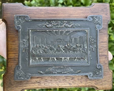 Antique Solid Bronze Last Supper Relief Plaque – 10.1 oz – Oak Frame – c. 1900