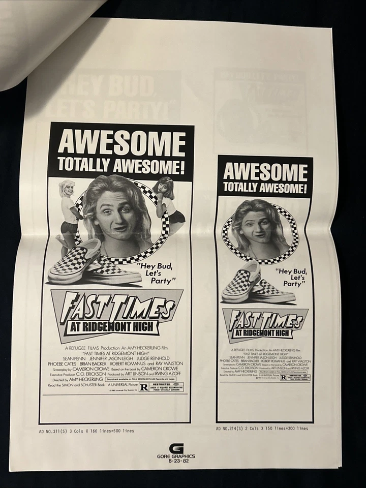 FAST TIMES AT RIDGEMONT HIGH Original 1982 SIN CORTAR Anuncios Slicks (5 PÁGINAS) - ¡RARO! Foto 3 de 4