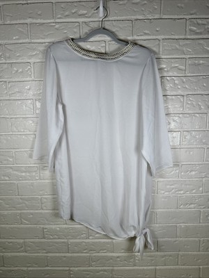 Cato 14/16W White Chiffon Blouse Top Gold Stud Neckline Asymmetrical Hem Knot