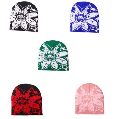 Unisex Knit Beanies Hat with Jacquard Eye Flower Pattern Warm Hiphop Skull Hat