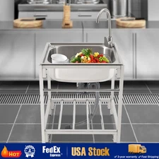 Commercial Single Bowl Stainless Steel Hand Wash Sink Basin Freestanding &Faucet