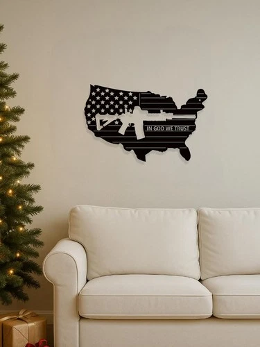 Vintage Weathered American Flag Metal Tin Sign With Rifle - Patriotic Wall Art