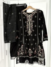 Indian Pakistani Salwar Kameez Black Cotton Embroidered Pant Suit PAK Large