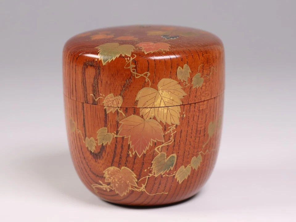 Contenedor de té Natsume de laca japonesa 2,7 pulgadas diseño de vid de hiedra ceremonia del té Foto 3 de 4