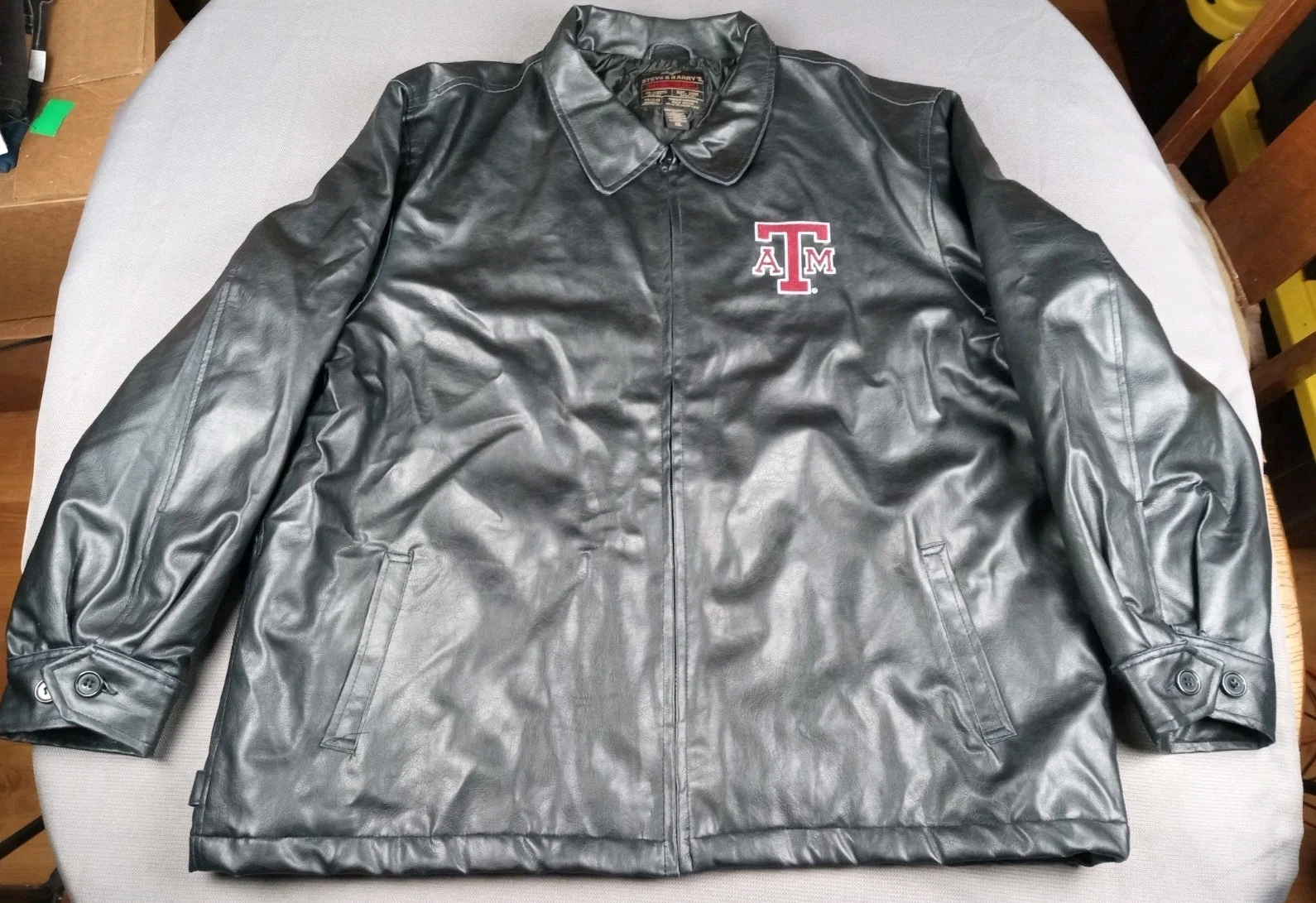 Vintage Steve Barrys Texas A&M Black Faux Leather Bomber Jacket Men 2XL Football