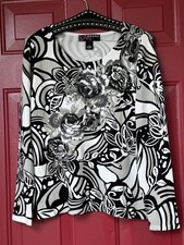 Peck Peck Sz L Sweater Pullover Long Sleeve Gray/Black/ Floral Embellished