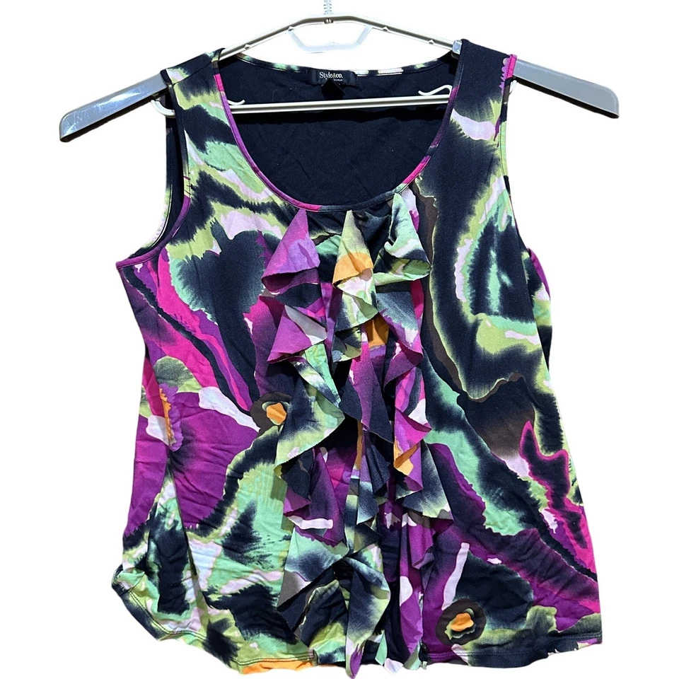 Blusa Style co Mujer Plus 1X Negra Púrpura Verde Abstracta Estampado Artístico Y2K Foto 2 de 4