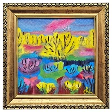 Original oil painting Gold Magic Forest Abstract Painting 4x4in framed