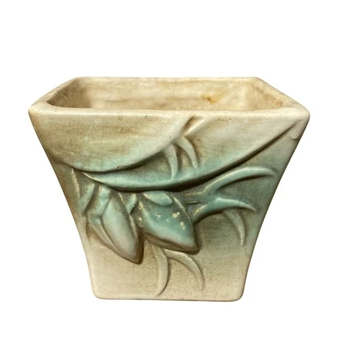 Vintage 1946 McCoy Pottery Rustic Jardiniere Planter 4" Green Leaves