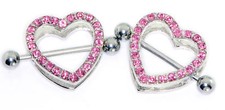 Pair of Pink Paved Heart CZ Nipple Ring Shields 14G