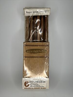 Vintage Set of 6 Regent Sheffield Steak Knives in Wooden Holder
