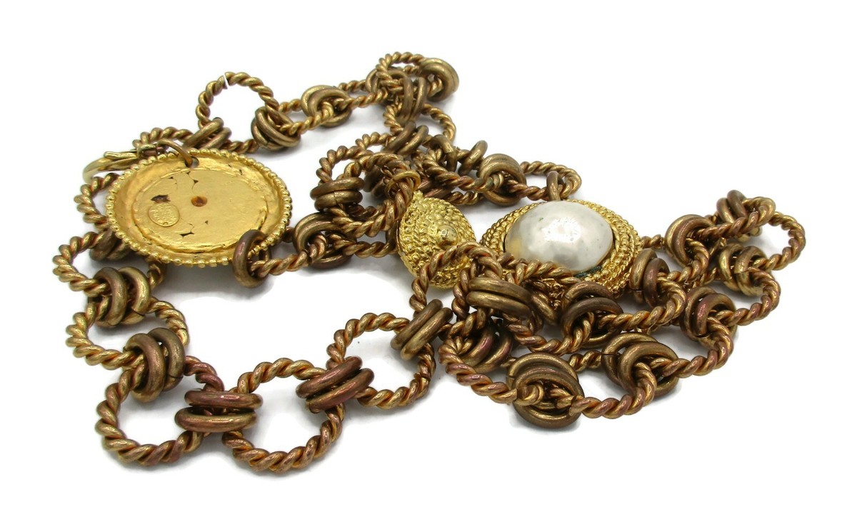 Edouard Rambaud Paris Vintage Black leather belt w/ Gold / Pearl Medallions, Vintage CHRISTIAN LACROIX Gilt and Enamel Baroque Charms  main image 4