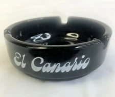 Vintage Black Glass Ashtray El Canario Hotel Tobacciana Cigarettes' 3.5" round 