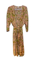 Vintage Dressing Robe Housecoat Pink Green Floral Attached Belt Large