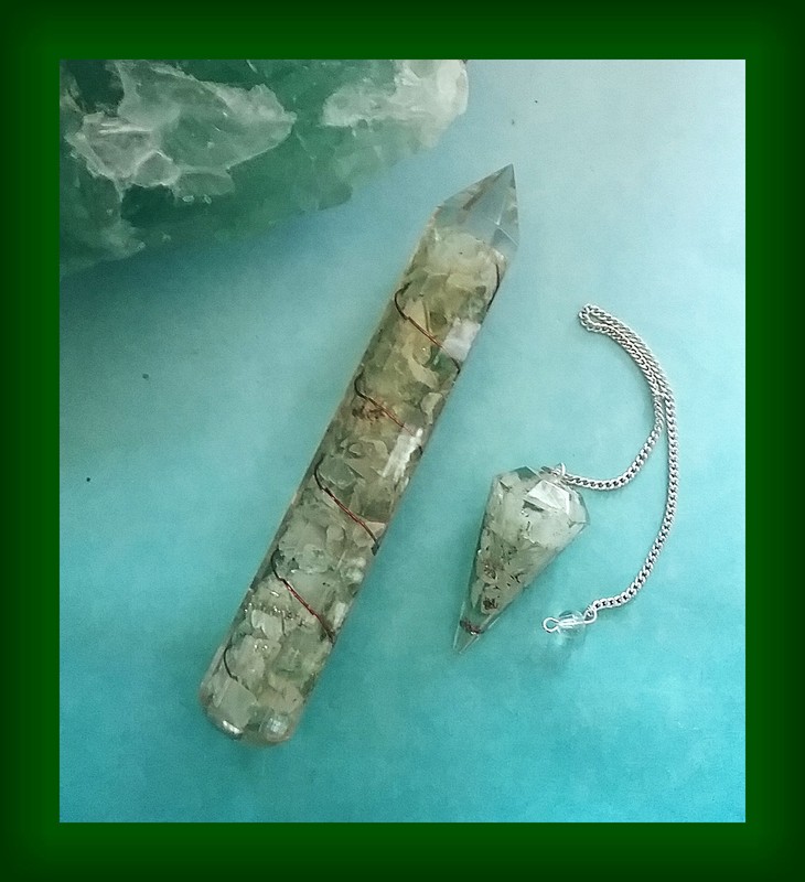 Large Orgone GREEN AVENTURINE CHAKRA WAND With COPPER Coil and Dowsing PENDULUM