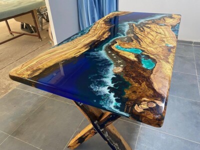 Custom Handmade Olive Wood Epoxy Resin Dining Table with Blue Emerald Green & Wh
