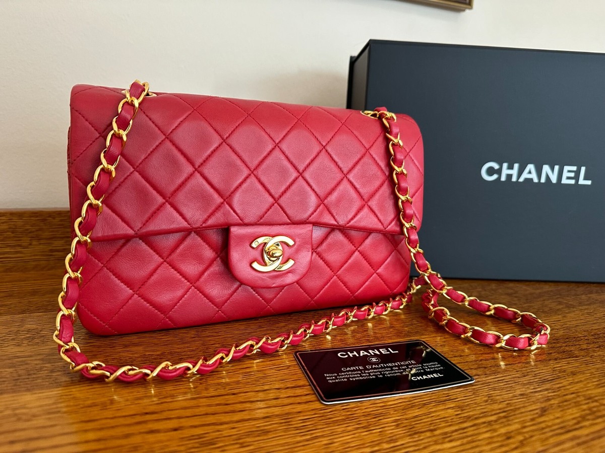 Authentic CHANEL Classic Flap Bag, Small, Red Lambskin Leather