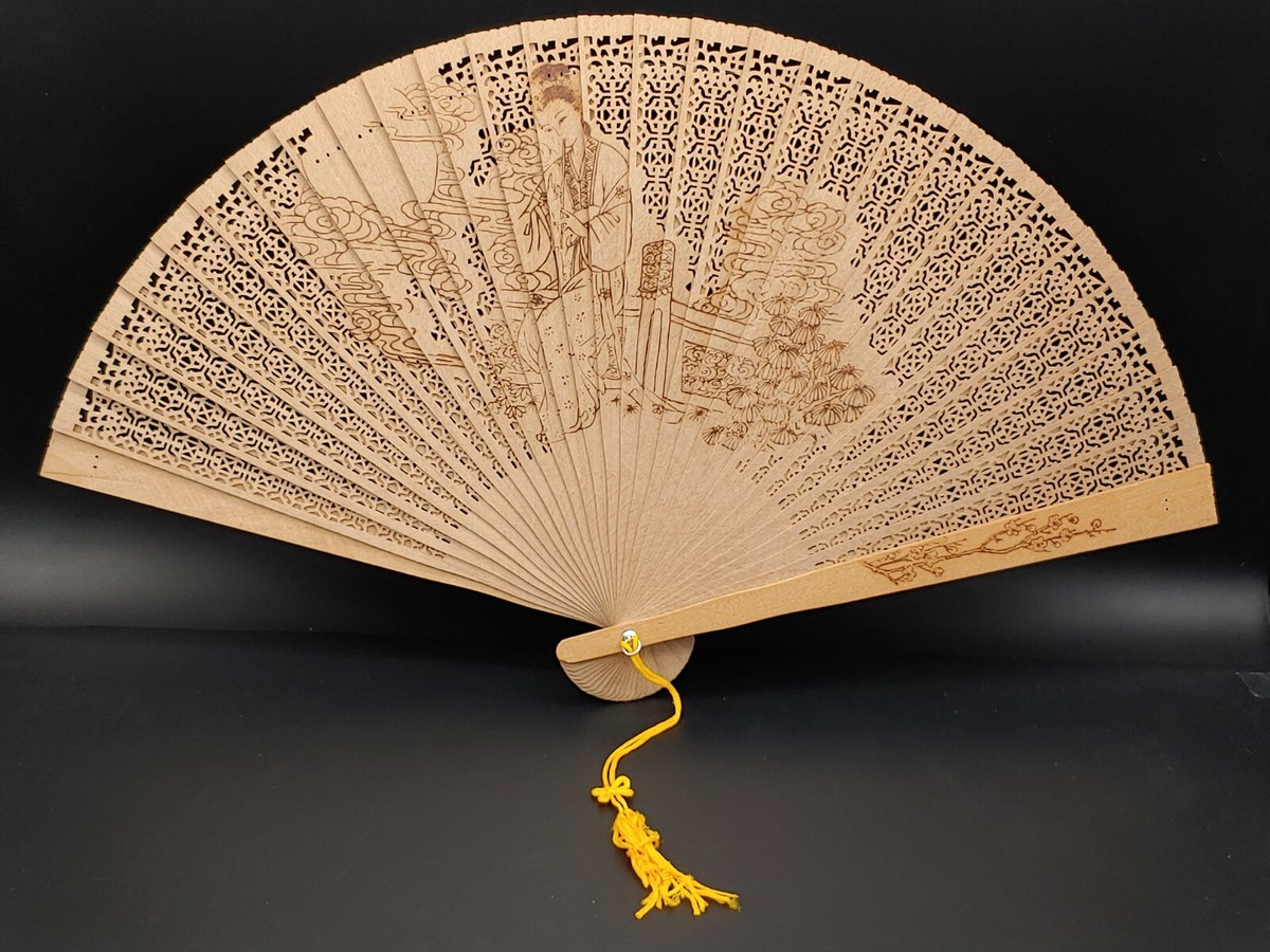 高档檀香木雕礼品扇仕女宫乐图锦盒Antique Chinese Sandalwood Hand