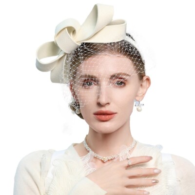 White Wool Felt Fascinators Wedding Hats For Women With Veil